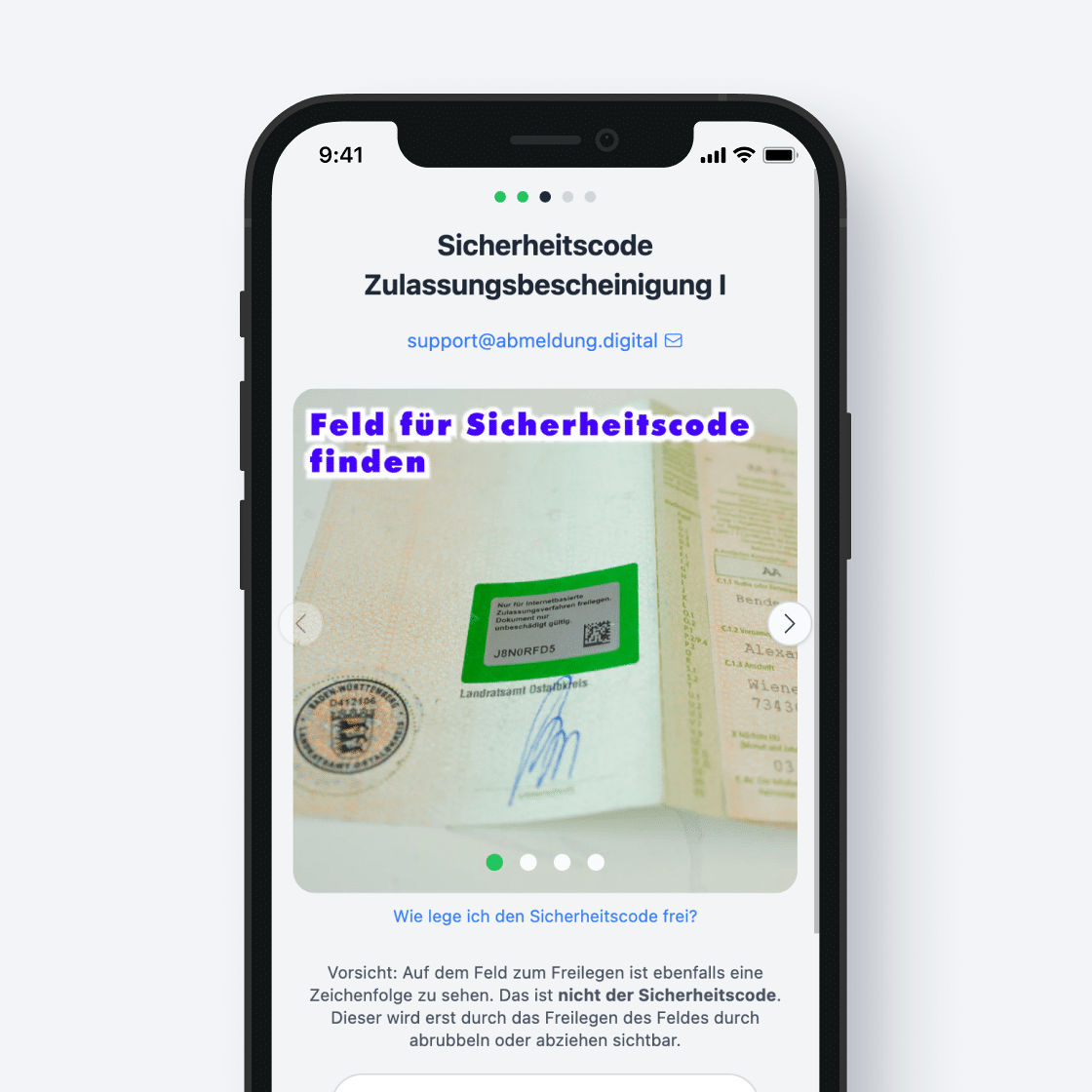 Screenshot: Eingabe des Sicherheitscodes der Zulassungsbescheinigung Teil I
