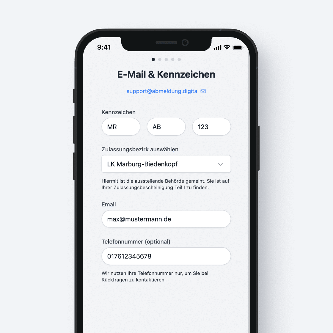 Screenshot: Eingabe von Kfz-Kennzeichen und E-Mail-Adresse