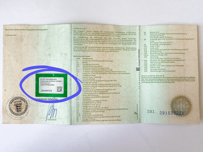 Feld mit Sicherheitscode für Online-Zulassung auf der Zulassungsbescheinigung Teil 1